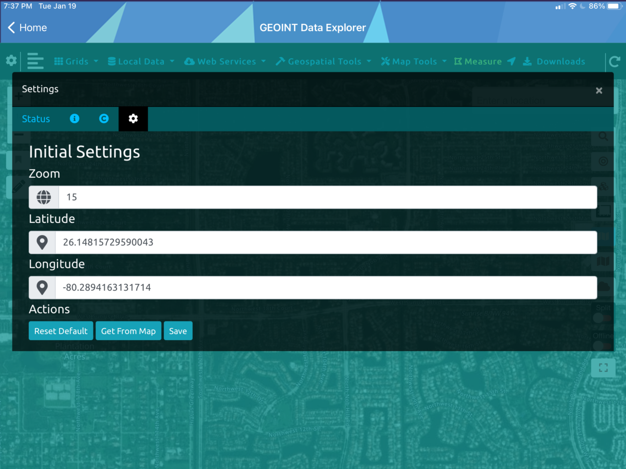 Initial map settings - GeoData Explorer App